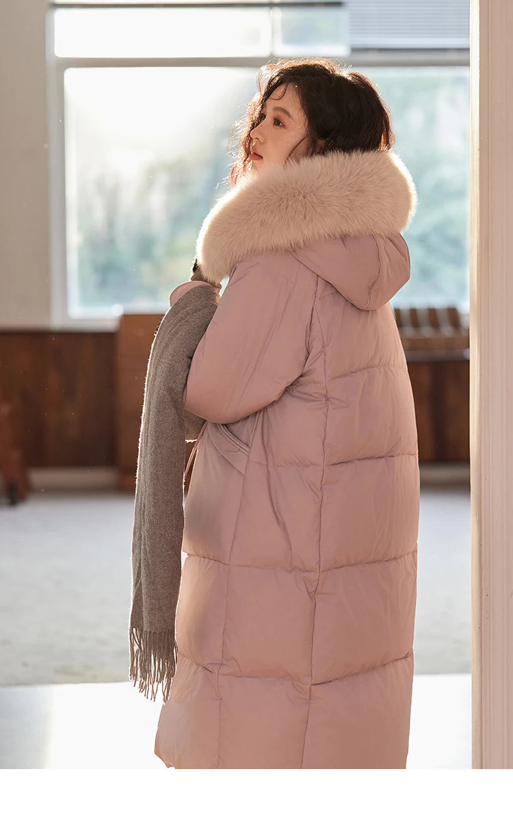 MISHOW Long Hooded Down Coats Fox Fur Collar Bread Jacket Duck Down Quilt Clothing 2024 Winter Women Thickened Coat MXD56Y0054