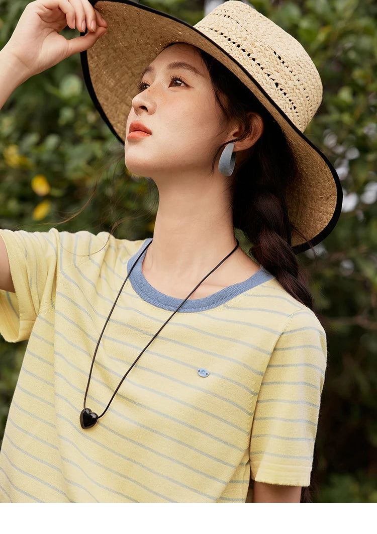 MISHOW Striped Knitted T-shirt for Women Summer 2025 Color Contrasting Round Neck Tees Wool Blended Slim Casual Top MXE35Z1270