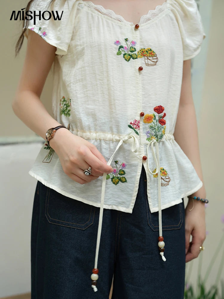 MISHOW Women's Fashion Flower Embroidery Blouse Summer 2025 Square Neck Lace Drawstring Short Top Ladies Clothing MXE37X1895