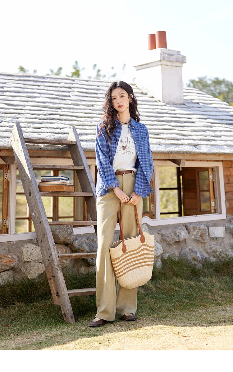 MISHOW Fashion Retro Blue Checkered Shirt Women's Autumn New Loose Casual Lapel Cotton Shirts Long Sleeves Tops Women MXE11C0398