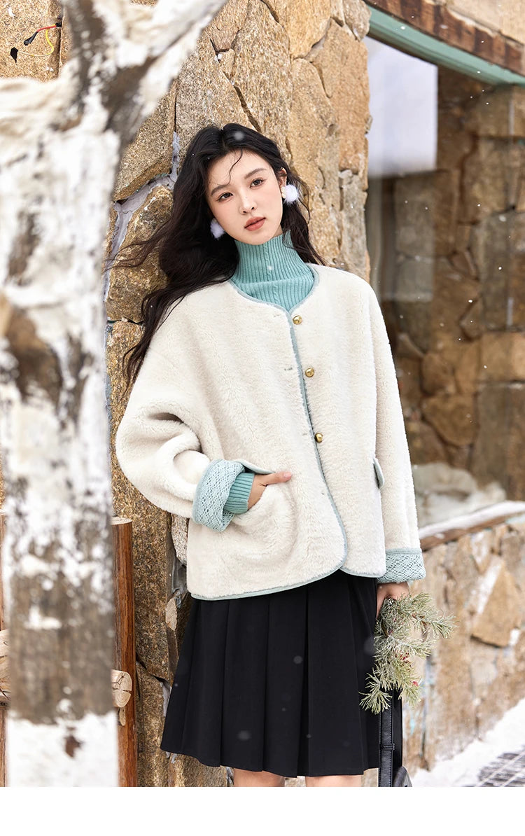 MISHOW Lamb Wool Jacket Women Cuffs Spliced Lace Metal Buttons Design Suede Plush Soft Warm Solid Leather Fur Coats MXD58W0740