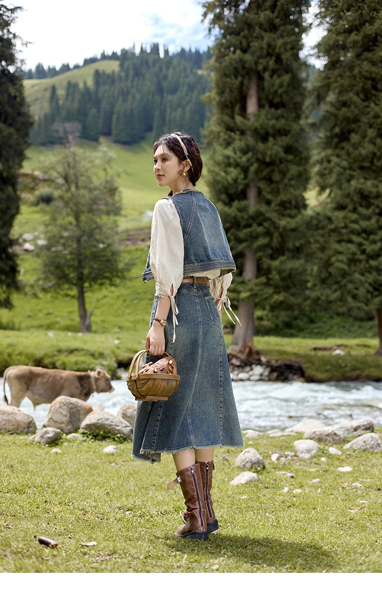 MISHOW Washed Hem Fringed Denim Midi Skirt 2024 Autumn Commuting Versatile A-line Long Skirt Retro Blue Casual Skirts MXD41B0453