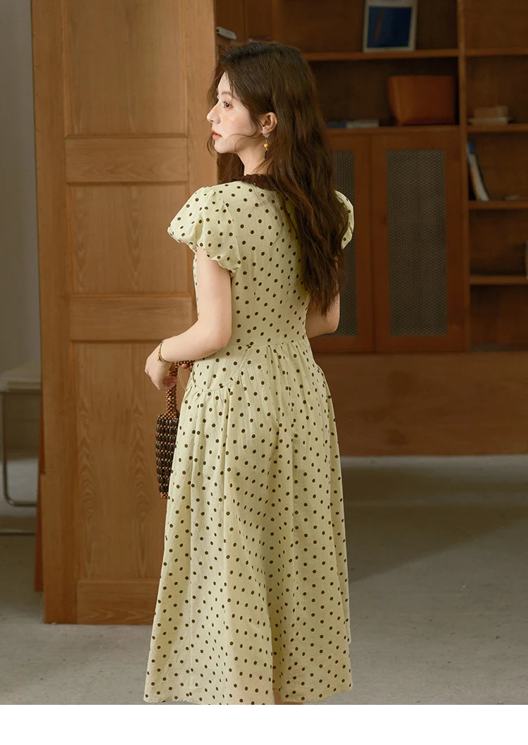 MISHOW Women's Casual Polka Dot Dress 2025 Summer New Ladies Puff Sleeve V-neck Lace Up Ruffle Edge Pocket Dresses MXE39L2326