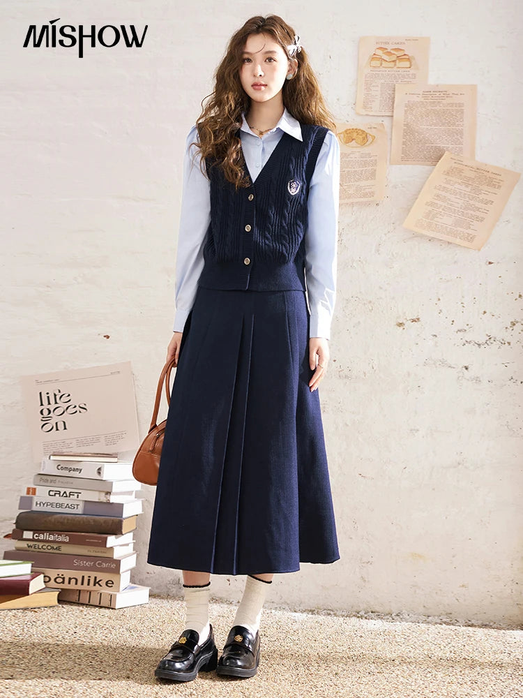 MISHOW Elegant A-line Skirt 2024 Spring Solid Preppy Style Commuter Pleated High Waist Slim Female Mid Length Skirts MXD12B0213