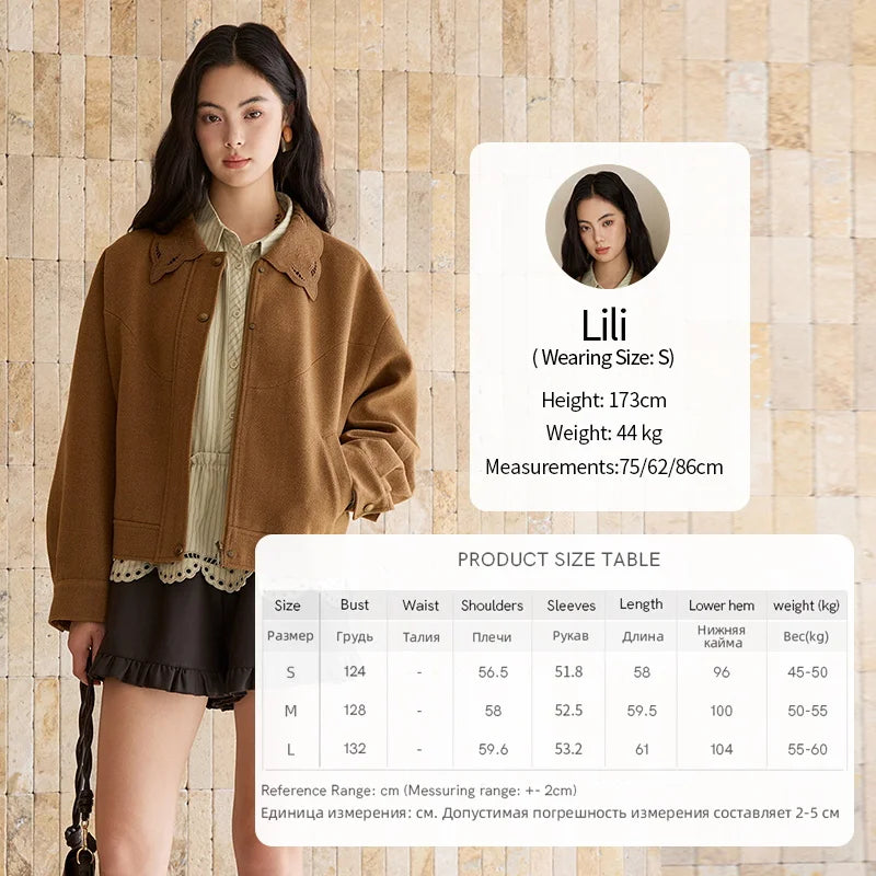 MISHOW Brown Woolen Coat for Women 2025 Winter Hollow Out Embroidery Turn Down Collar Retro Short Loose Casual Coat MXE49W0856