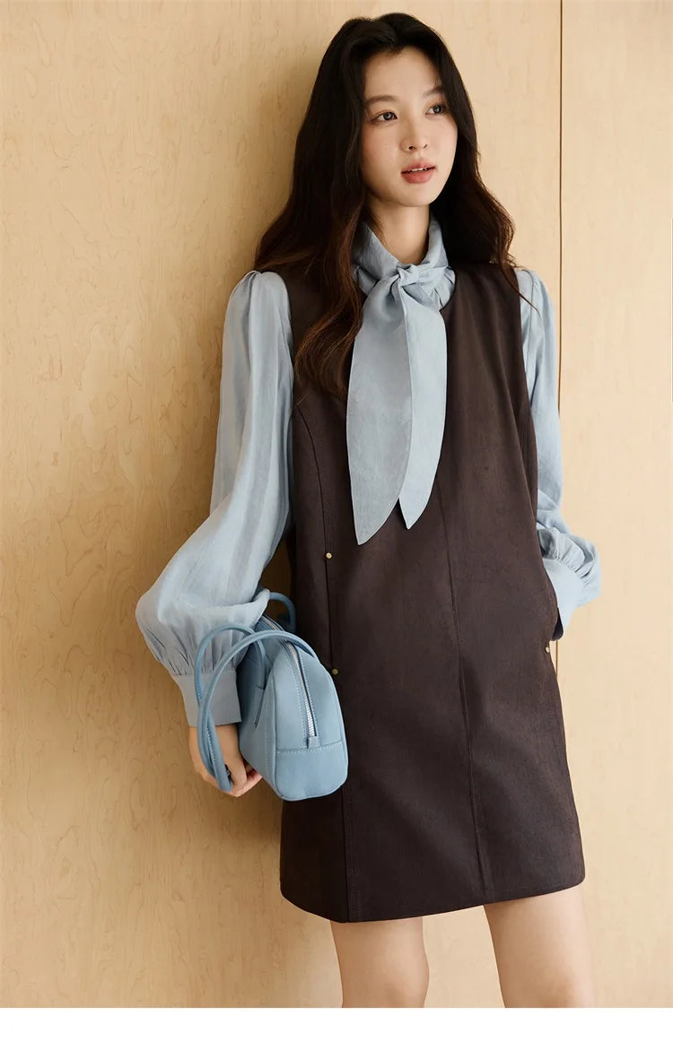 MISHOW Woman Two-piece Set 2025 Autumn College Style Light Blue Shirt Dark Brown Vest Skirt Suit Woman Clothes MXE47T1408