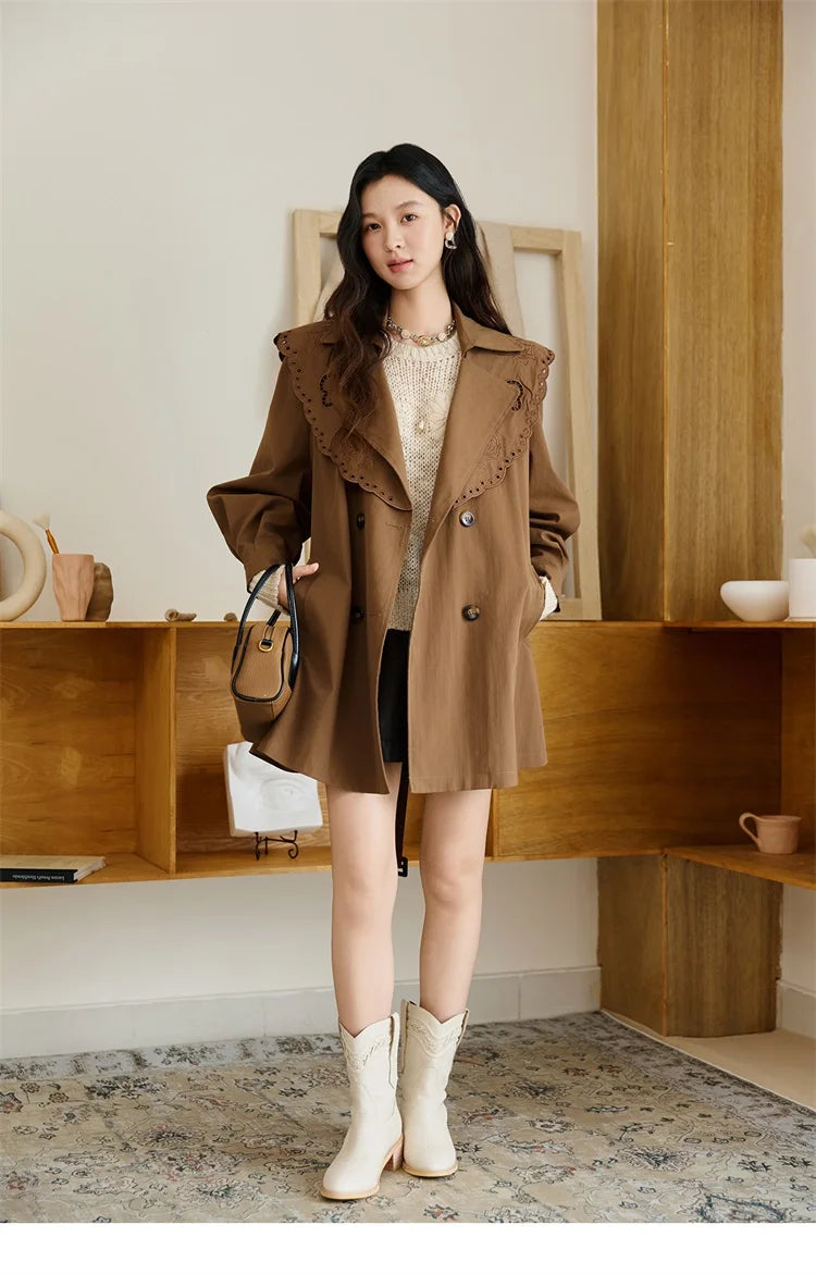 MISHOW Women's Trench Coat 2025 Autumn Hollow Embroidery Mid-length Windbreaker Double-breasted Belt Retro Jacket MXE46W0862