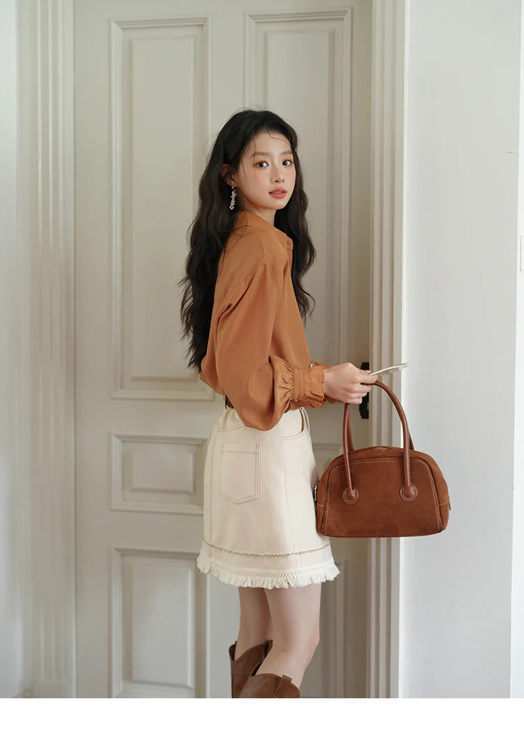 MISHOW Women's Shirts 2025 Autumn Color Blocking Buttons Pleated Cuffs Loose Top Female Solid Lapel Commuting Shirts MXE41C2352