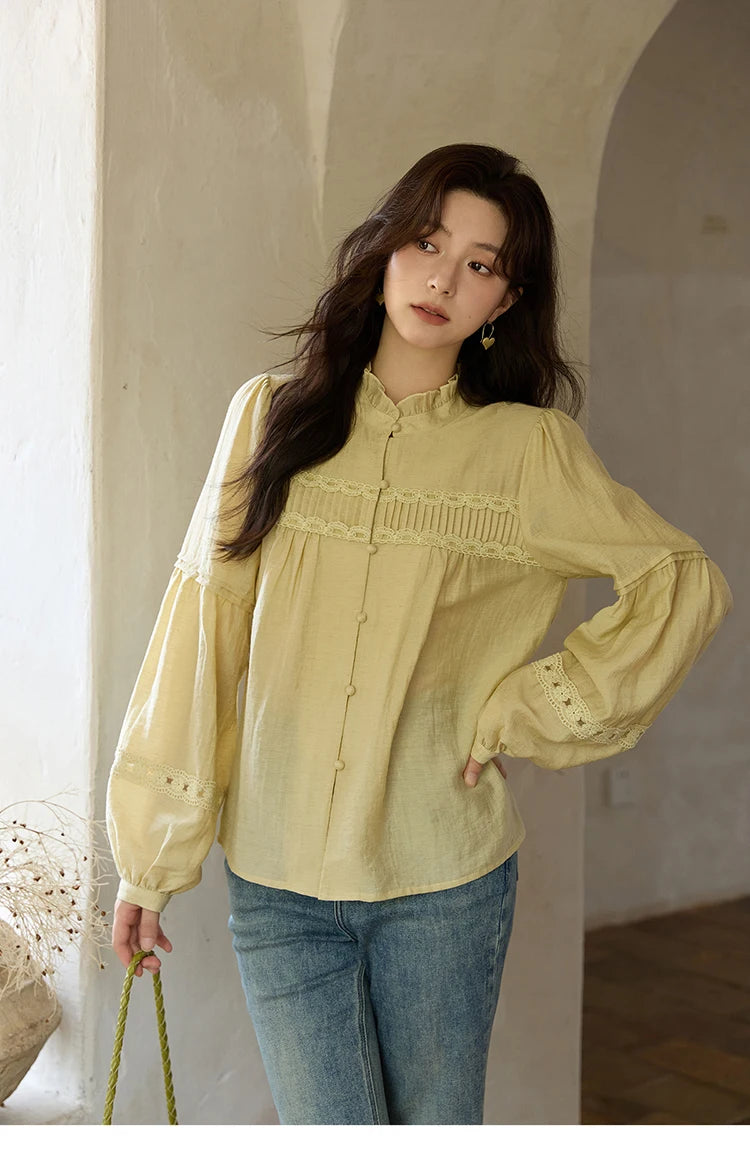 MISHOW Light Yellow Linen Solid Shirt 2025 Autumn Splicing Lace Hollow Sleeves Shirts Stand Collar Top Office Lady MXE42X1976