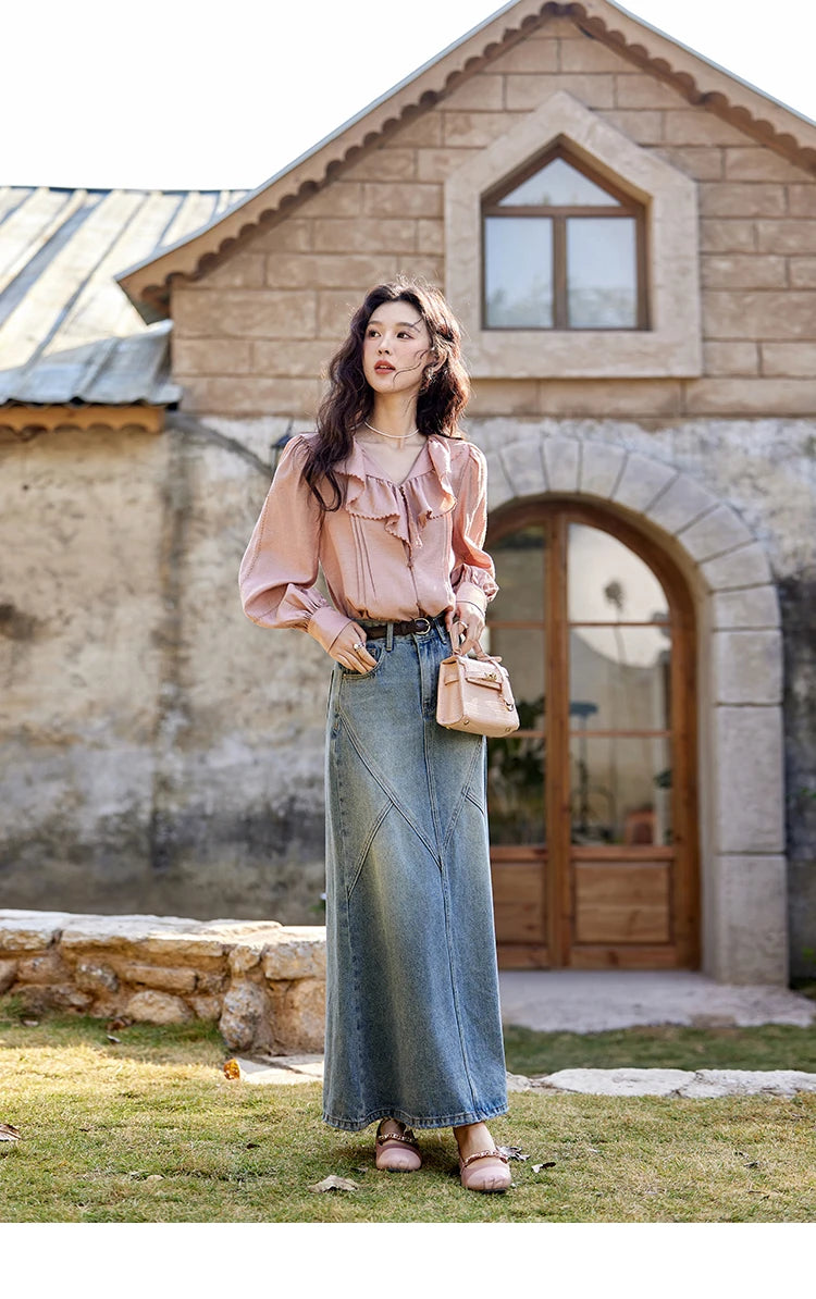 MISHOW Lotus Leaf Collar Shirt Bubble Sleeves Pink Shirt for Women Spring 2025 Sweet Chiffon Top Temperament Shirts MXE12X1702