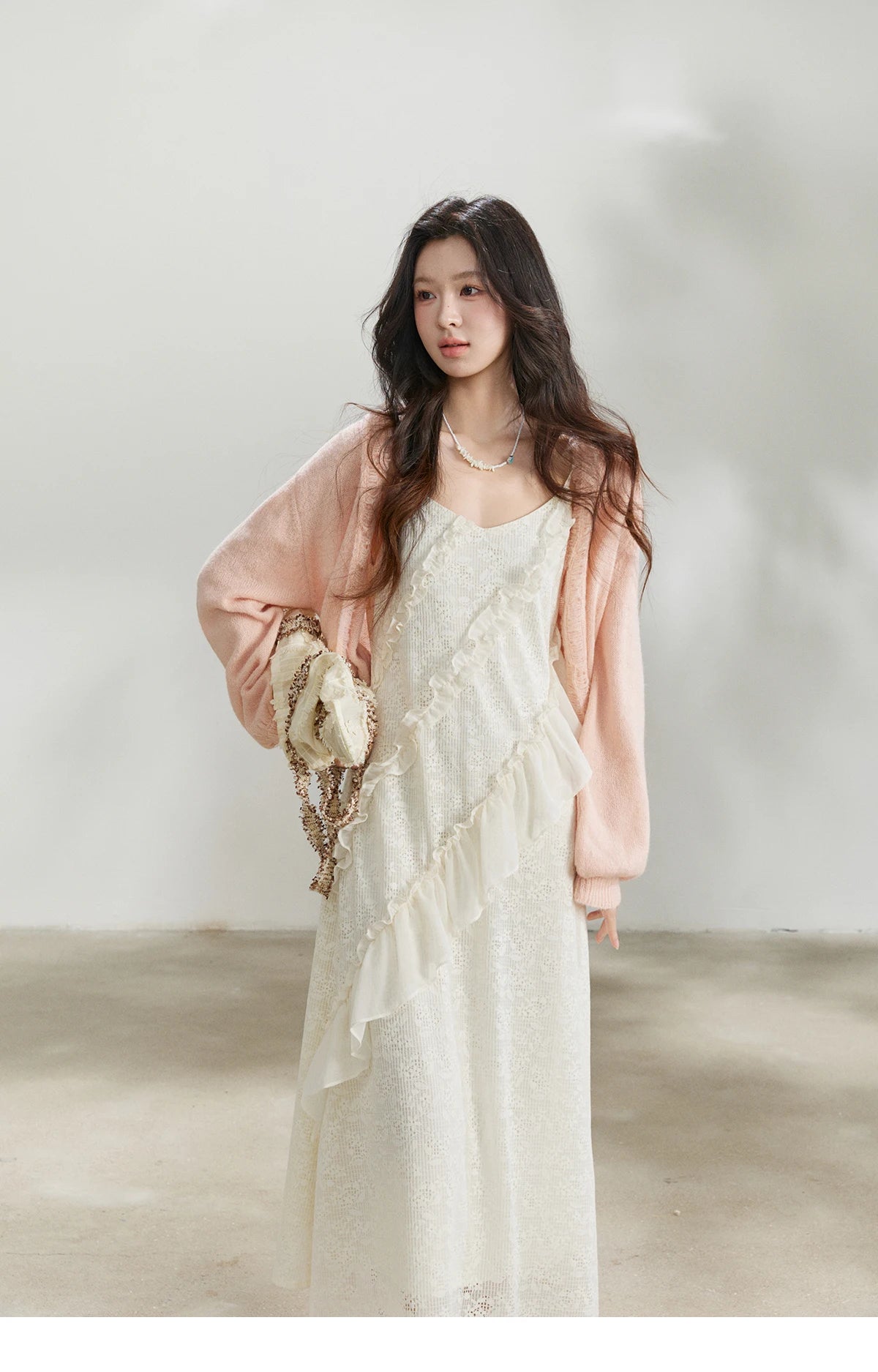 MISHOW Women's Cream Irregular Lace Slip Dress 2026 Spring V-Neck Ruffled Maxi Dresses Casual A-line Romantic Dress MXF108L1005