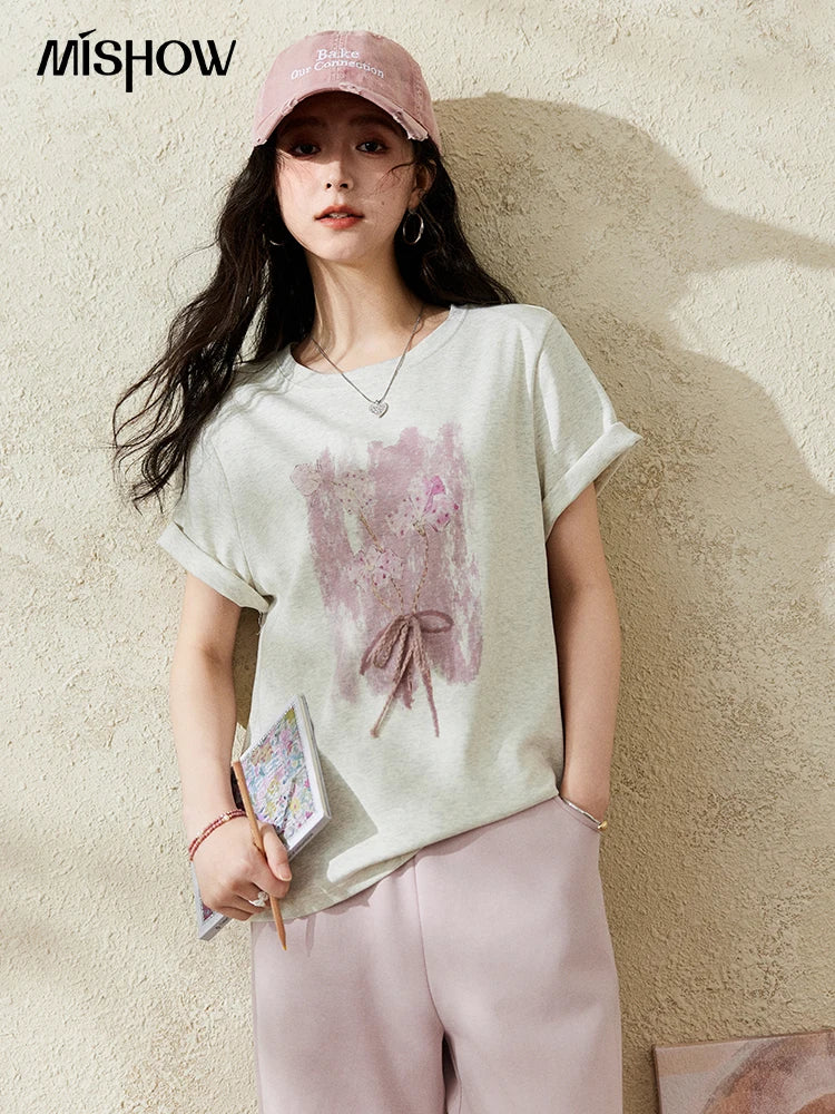 MISHOW Iris Cool Cotton T-shirt for Women Spring 2025 Spray Printing Slim Tees Round Neck Breathable Versatile Top MXE13T0453