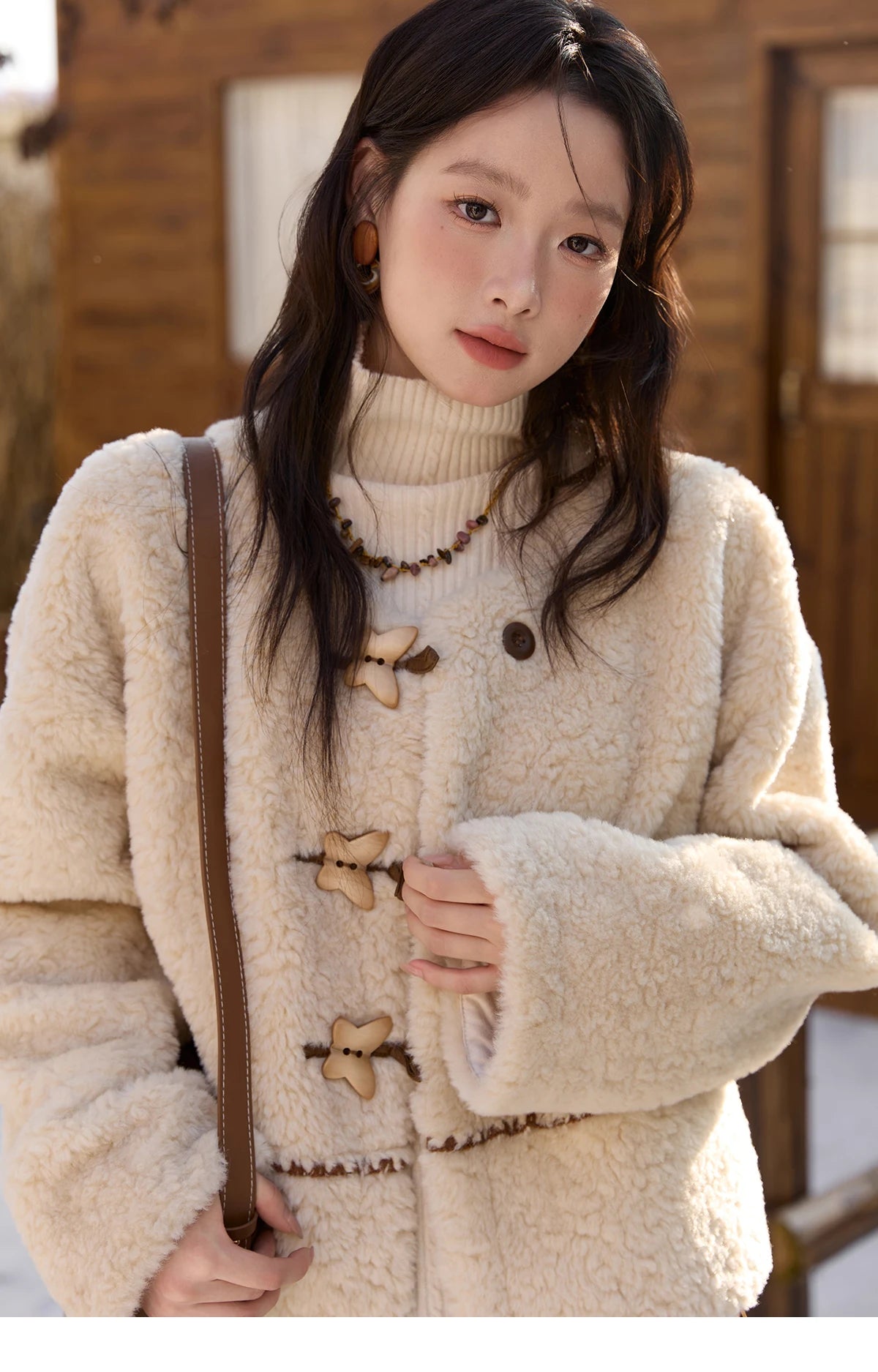 MISHOW Winter Jackets Women 2025 Retro Apricot Imitation Lambswool Coat Commuter Round Neck Single-breasted Jacket MXE51W0874