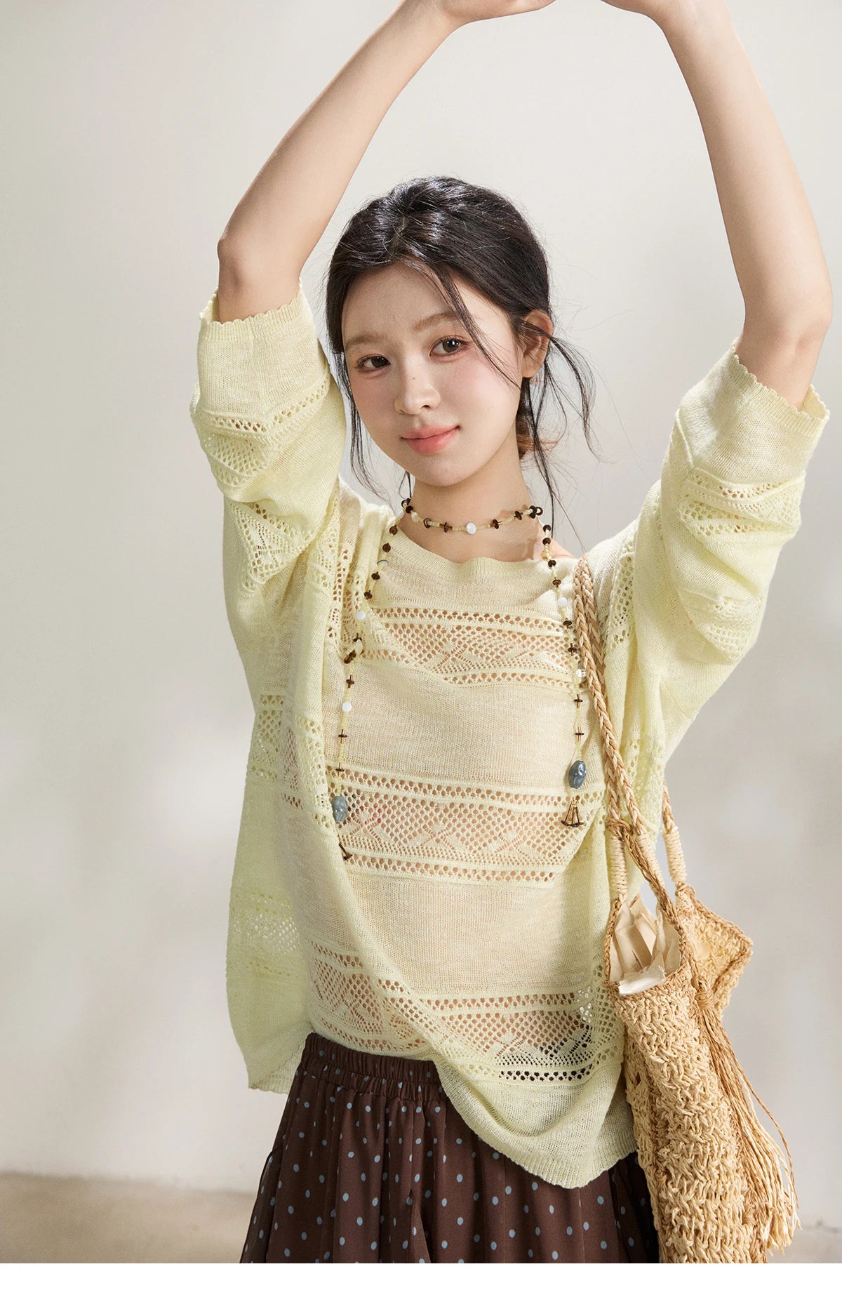 MISHOW Women's Pale Yellow Knit Top 2026 Spring Crew Neck Hollow Out Striped thin tops Casual Loose Sheer Sweater MXF13Z3020