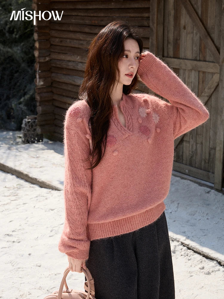 MISHOW Women's Raspberry Pink Wool Blend Sweater 2025 Winter French Floral Pom-Pom Embroidered V-Neck Knitted Top MXE86Z2740