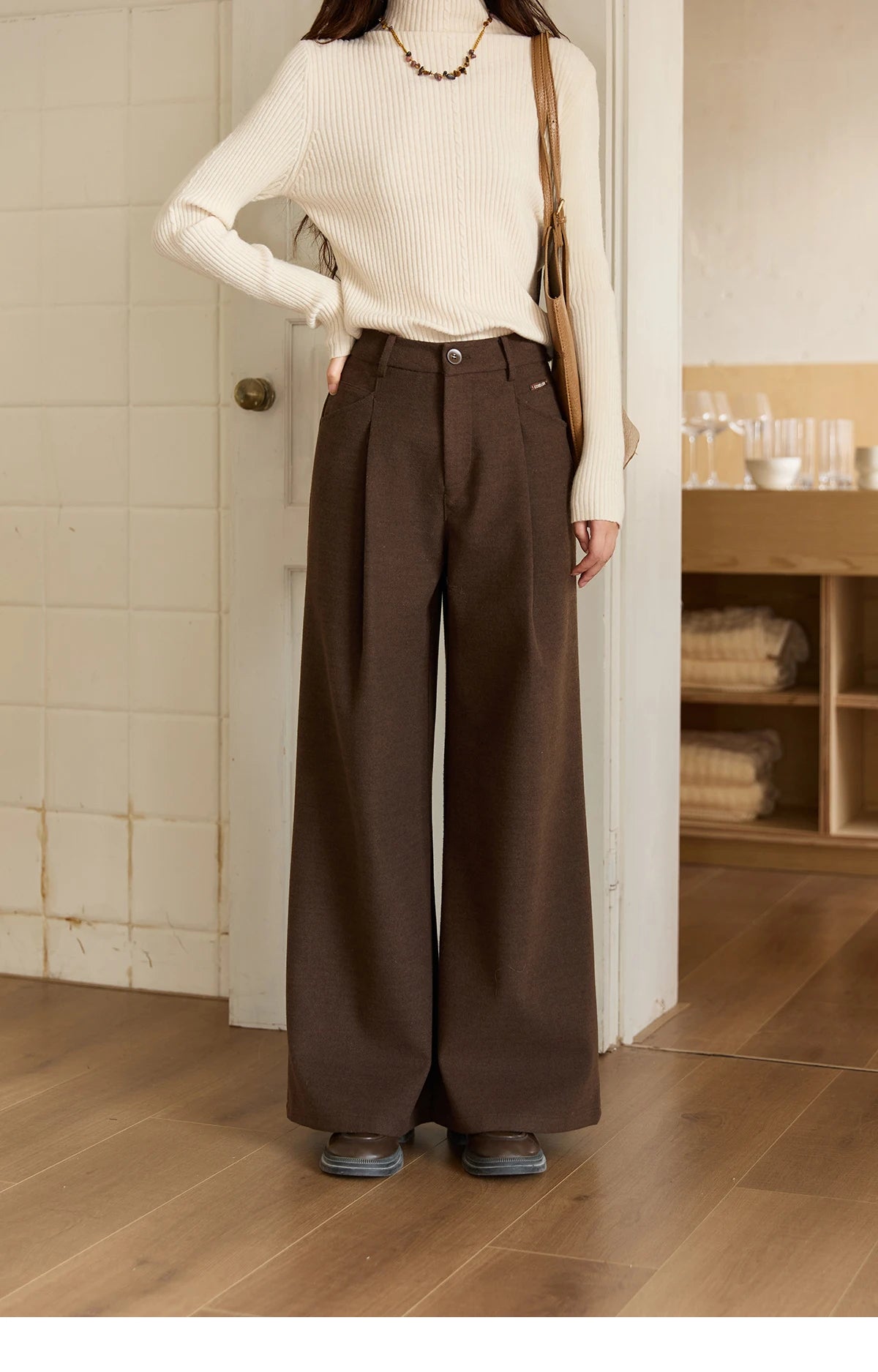 MISHOW Brown Wide-leg Pants for Women 2025 Autumn Winter New Retro High Waist Drape Trousers Commute Casual Pants MXE51K1094