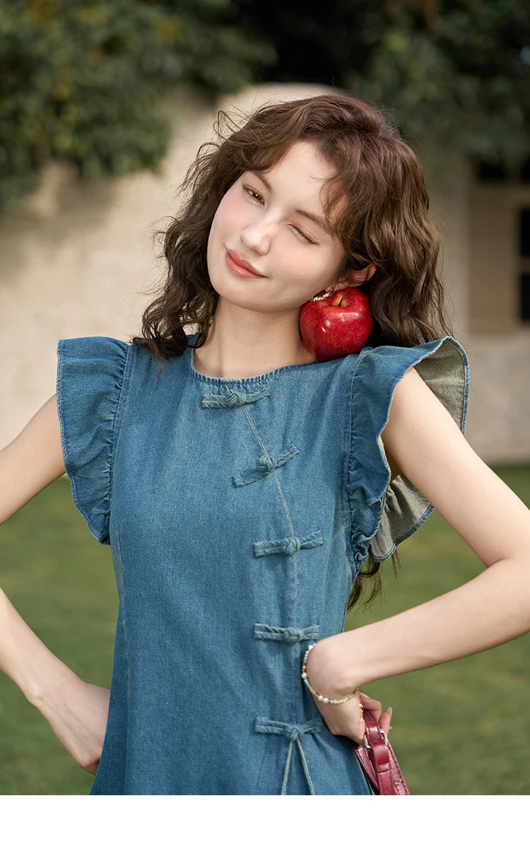 MISHOW Chinese Flying Sleeve Split Denim Dress 2024 Side Flap Buckle Round Neck Denim Waist Loose Knee-Length Dresses MXD22L1851