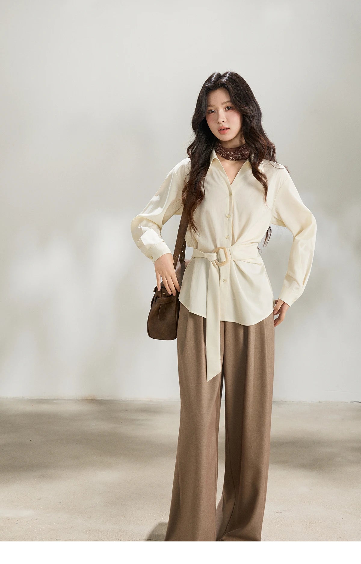 MISHOW Women's Lapel Collar Long Sleeve Shirt 2026 Spring with Belted Waist Casual Loose Soft Beige Shirt Office Lady MXF13C2452