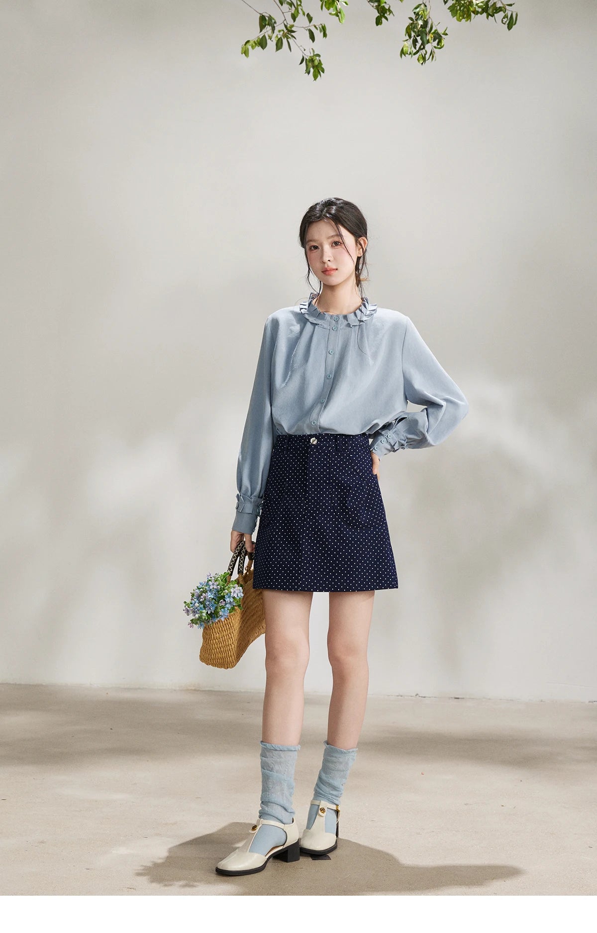 MISHOW Women's Peach Skin Solid Shirt 2026 Spring Ruffled Crew Neck Single-breasted Tops Casual Long Sleeve Shirts MXF11C2431