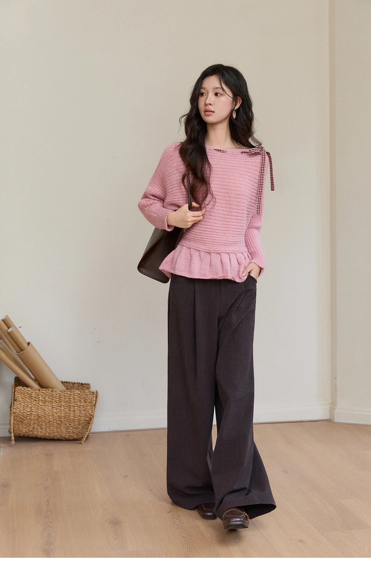 MISHOW Women's Pink Ribbed Knit Sweater 2026 Spring Plaid Bow Decor Peplum Hem Long Sleeve Casual Slim Pullover Tops MXF11Z3016