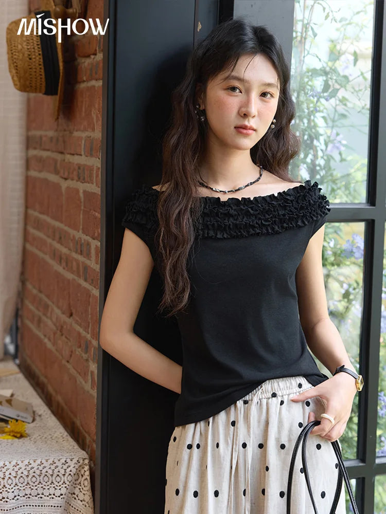 MISHOW French Stringy Selvedge One Neck T-shirt for Women Summer 2025 Raglan Sleeves Wool Short Top Sexy Solid Tees MXE34T0605