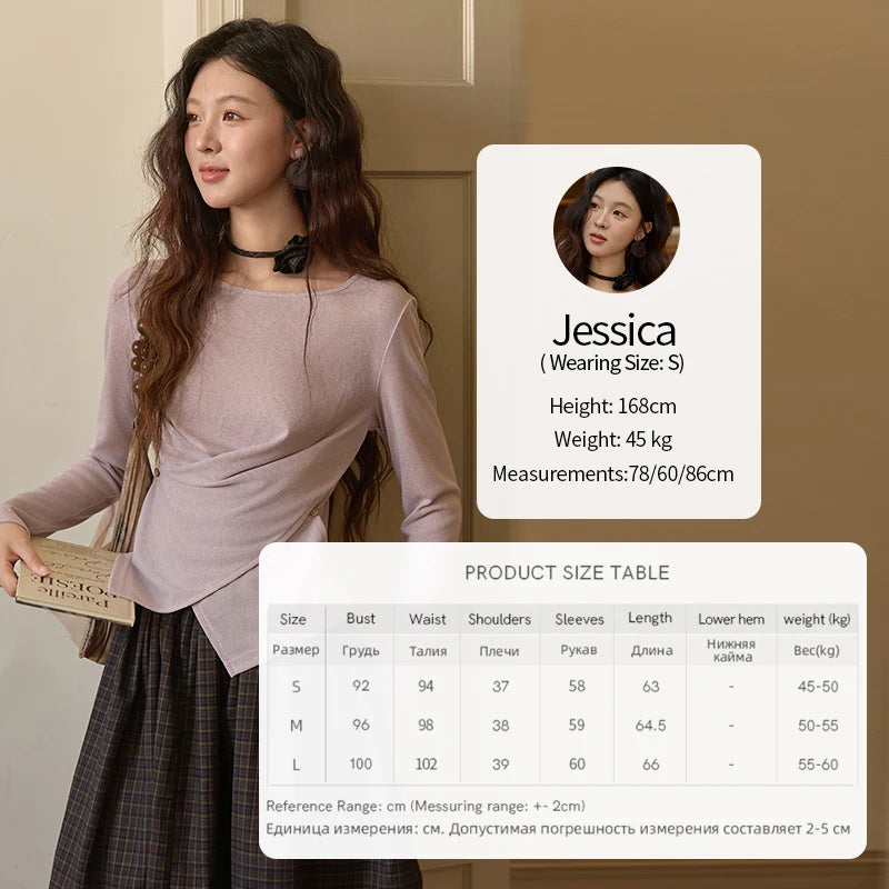 MISHOW Two-color Cross-strap Knitted Top for Women 2025 Autumn Winter New Classic Round Neck Slim Long Sleeves Top MXE43Z1344