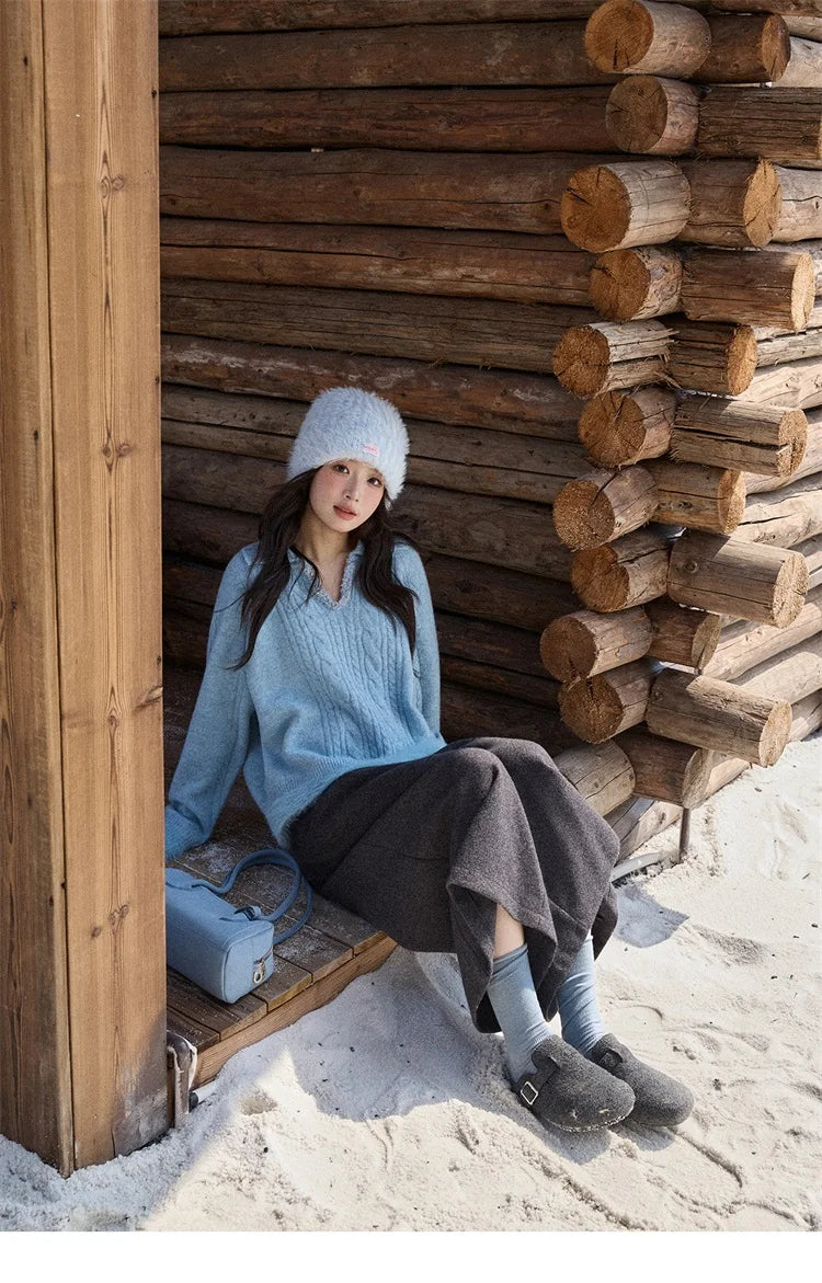 MISHOW Luxury Women's Sweaters 2025 Winter Blue Polo Collar Cable Knit Faux Mink Pullovers Loose Commute Tops Lady MXE88Z2756