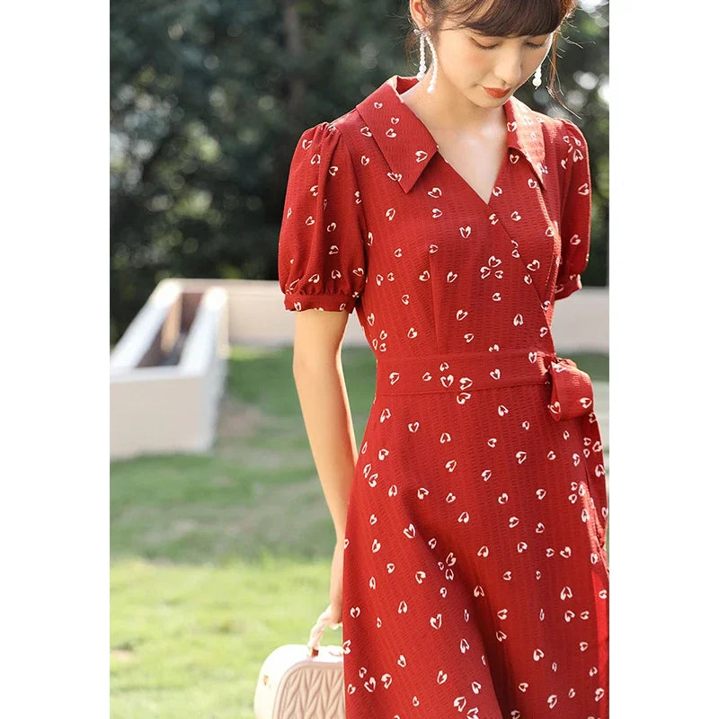 MISHOW Red Dresses For Women Summer French Hepburn One Piece V-neck Chiffon A-shape Floral Holiday Midi Dresses MXA29L0356
