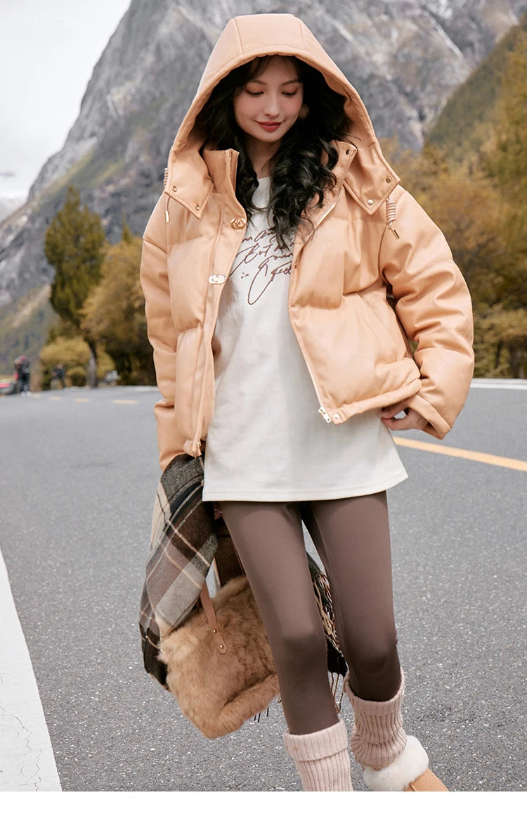 MISHOW Women's Winter Down Jacket 2023 Hooded Short White Duck Down Coats Imitation Protein Leather Puffer Jackets MXC52Y0008