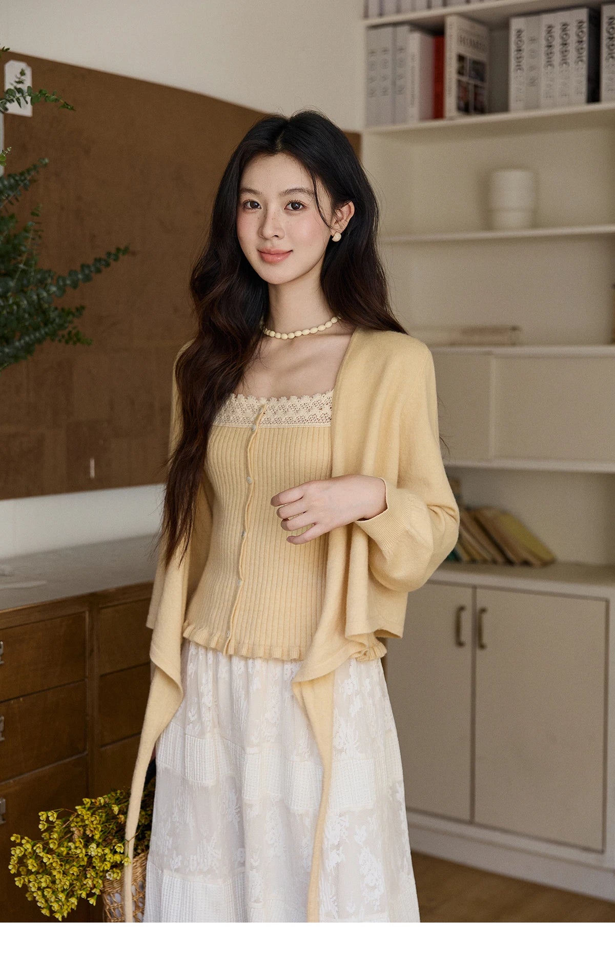 MISHOW Women's Yellow Two-Piece Set 2026 Spring Ruffled Hem Camisole Lace Trim Knitted Cardigan Casual Slim Outfit MXF11T1472