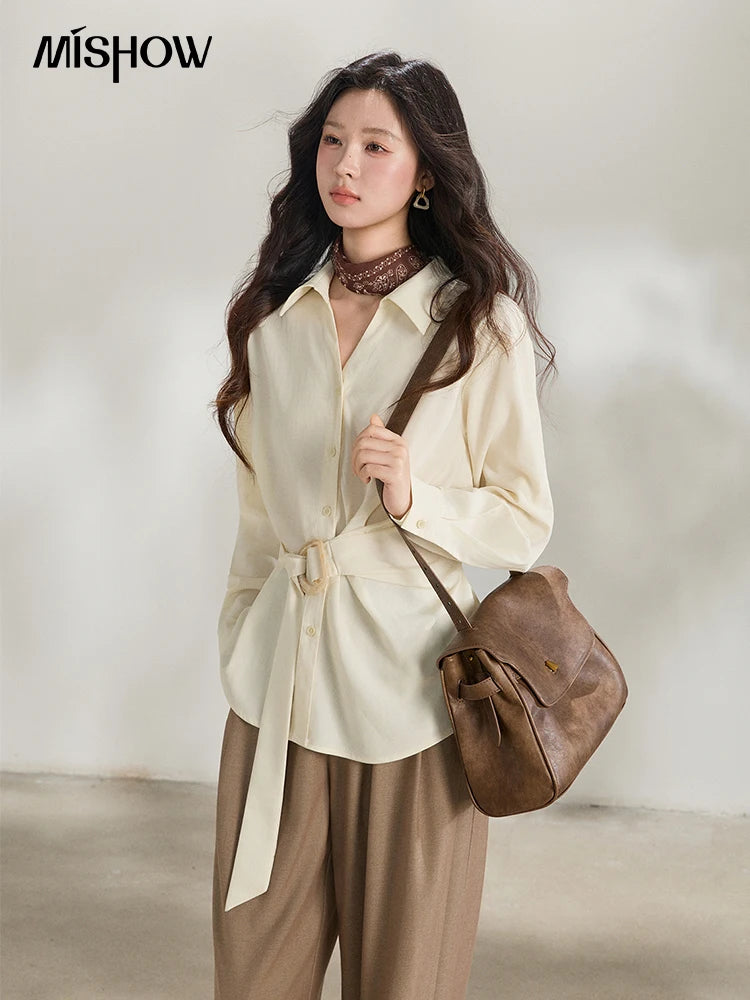 MISHOW Women's Lapel Collar Long Sleeve Shirt 2026 Spring with Belted Waist Casual Loose Soft Beige Shirt Office Lady MXF13C2452