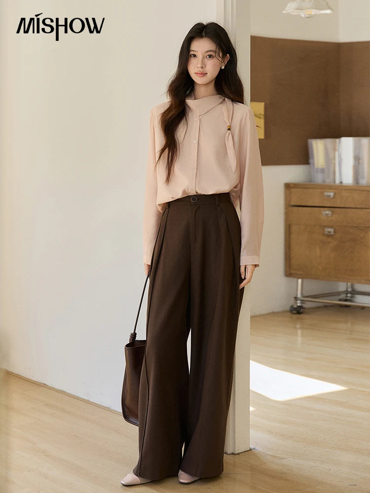 MISHOW Women's Nude Pink Shirt Spring Versatile Ribbon Stand Neck Shirts Button-Down Casual Commute Long Sleeve Top MXE11X2547