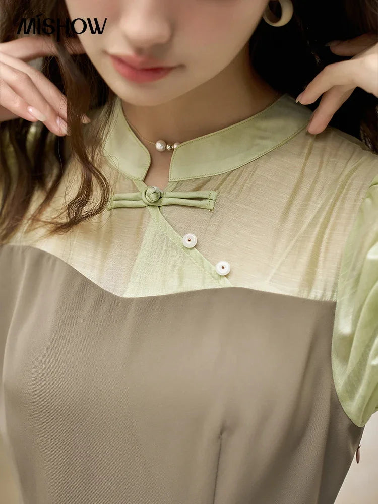 MISHOW Chinese Style Dress for Women 2023 Summer Waist Puff Sleeve Patchwork Fake Two Pieces French Slim Long DressES MXC35L1354