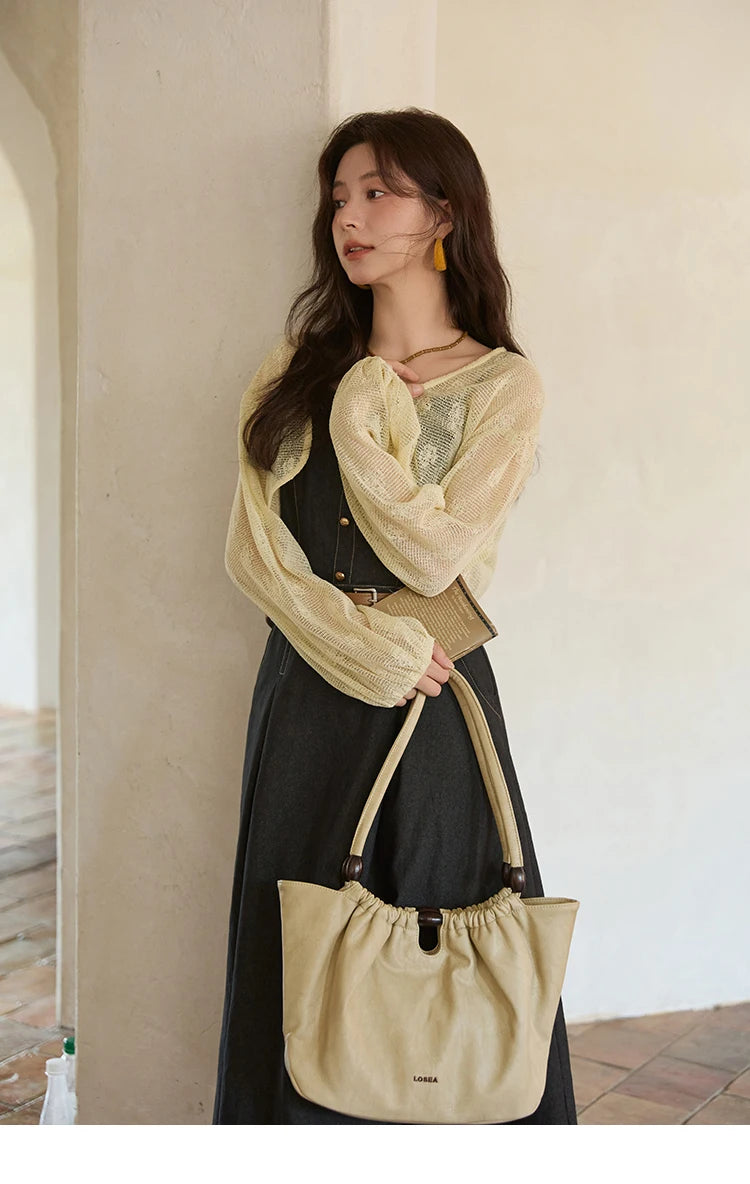 MISHOW Women's Two-Piece Set 2025 Lantern Sleeves Knitted Cardigan Imitation Denim Strap Dress Set With Belt Included MXE41T0704