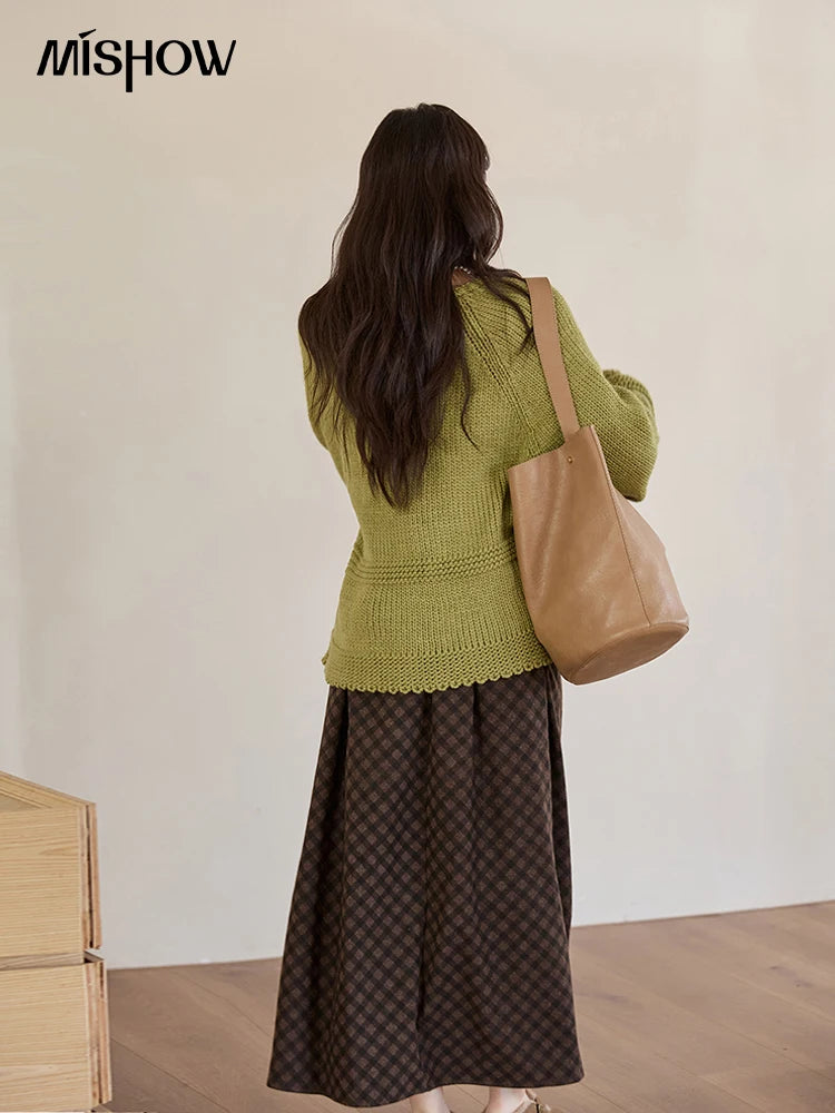 MISHOW Women's Avocado Green Knitted Cardigan 2025 Winter Lantern Sleeve Sweater Female V-neck Lace-up Loose Cardigan MXE51Z2694