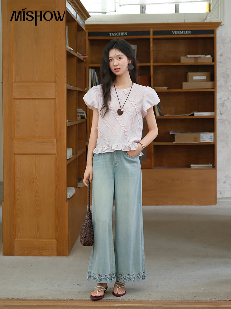 MISHOW Fashion Fungus Edge Puff Sleeve Blouses for Woman 2025 Summer O-Neck French Sweet Loose Top Ladies Clothing MXE39X1941