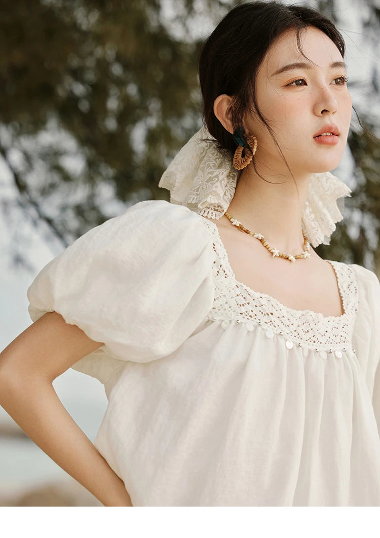 MISHOW French New Shirts Women Summer 2025 Short Puff Sleeve Square Collar Solid Splicing Lace Blouses Female Holiday MXE32X1780