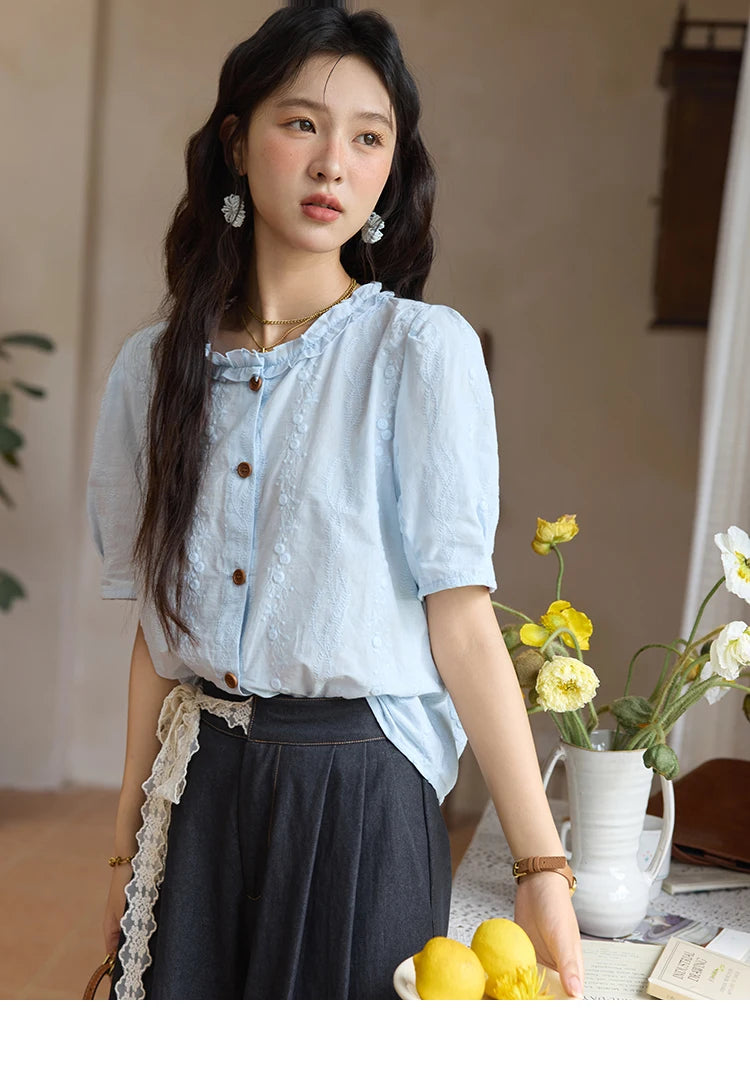 MISHOW 100% Cotton Women's Puff Sleeve Shirt 2025 Summer New Fashion Round Neck Button Top Casual Female Clothing MXE36X1873