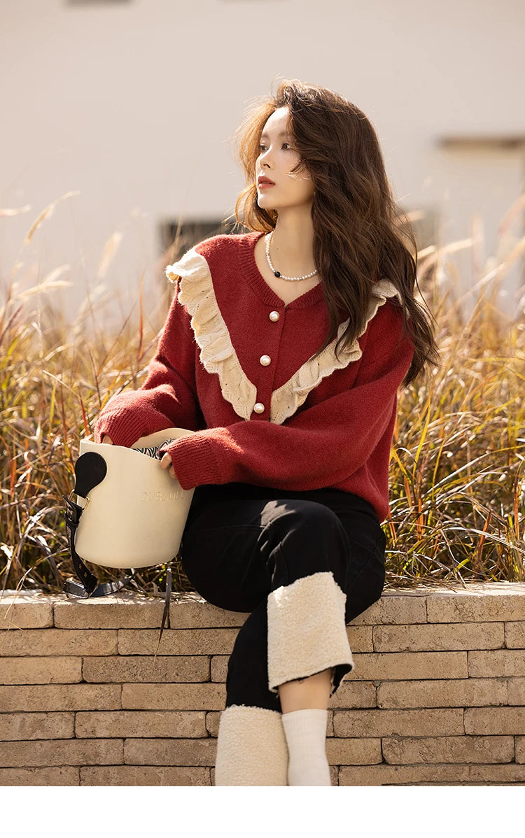 MISHOW Sweater Cardigan for Women Korean Fashion Ruffle Knitwears Autumn Winter Single Breasted Knitted Tops Jumpers MXB46Z1111