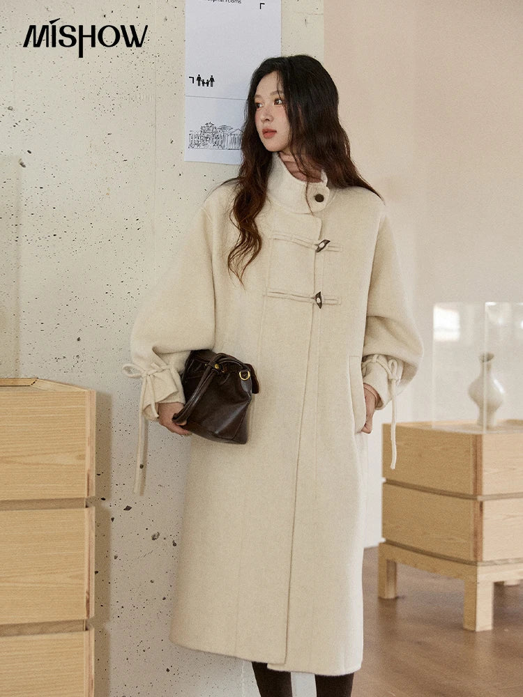 MISHOW Women's Long Coats 2025 Winter Yellow Double-faced 100% Wool Coat Windproof Lantern Sleeve Turtleneck Coat MXE51W0902