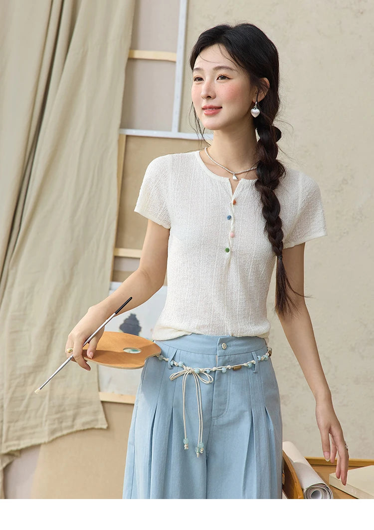 MISHOW Short Sleeved Knitted T-shirt for Women Summer 2025 Twisted Design Dopamine Button Tees Slim Breathable Top MXE34Z1243