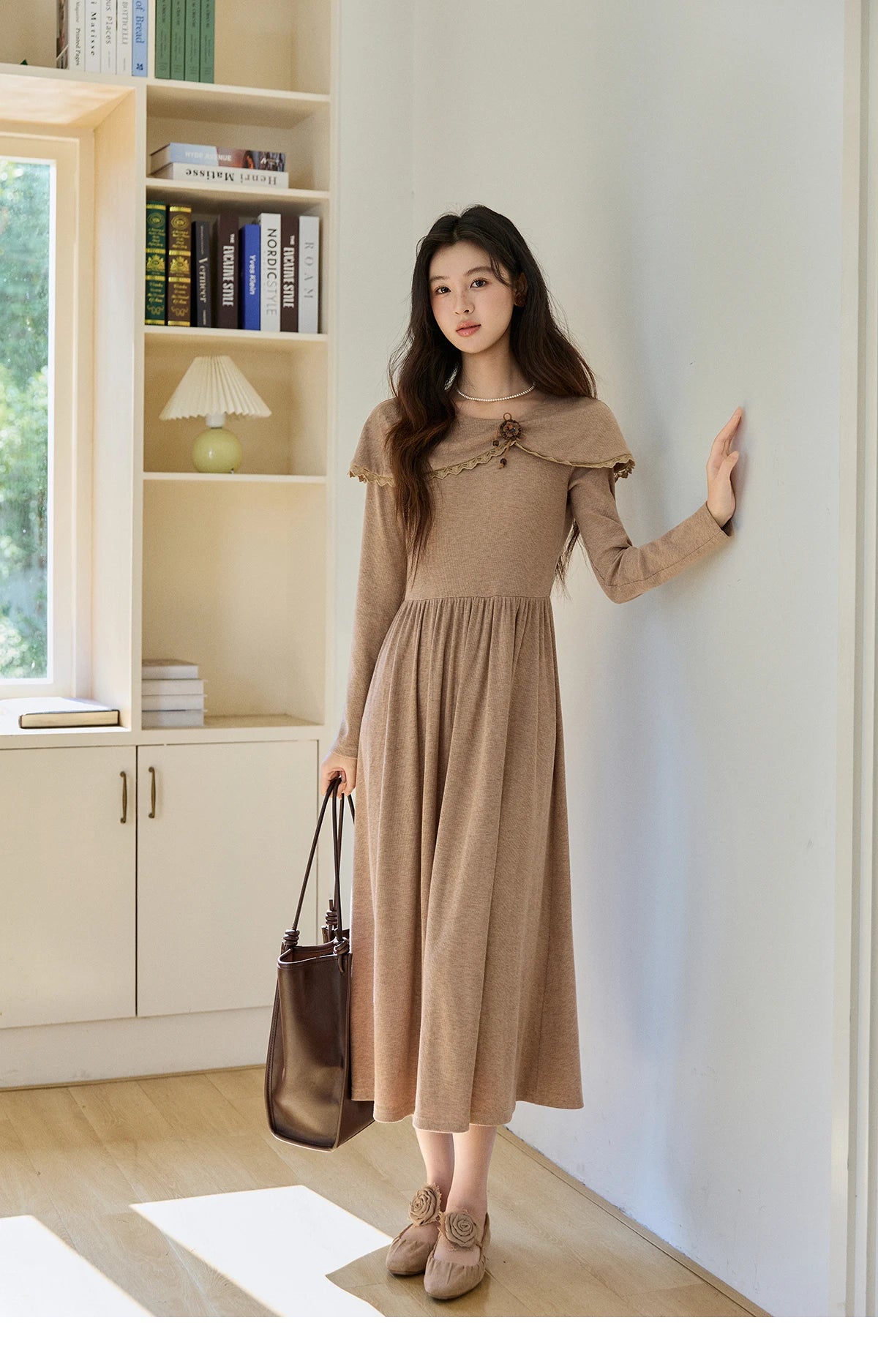 MISHOW Women's Khaki Knitted Dress 2026 Spring Large Collar Decor Long Sleeve Dresses Pleated Casual Elegant Dress MXF11L2553