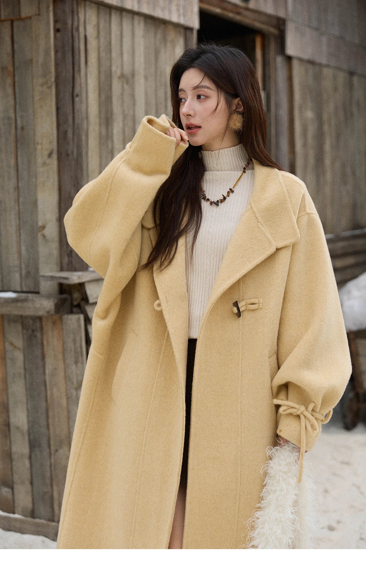 MISHOW Women's Long Coats 2025 Winter Yellow Double-faced 100% Wool Coat Windproof Lantern Sleeve Turtleneck Coat MXE51W0902