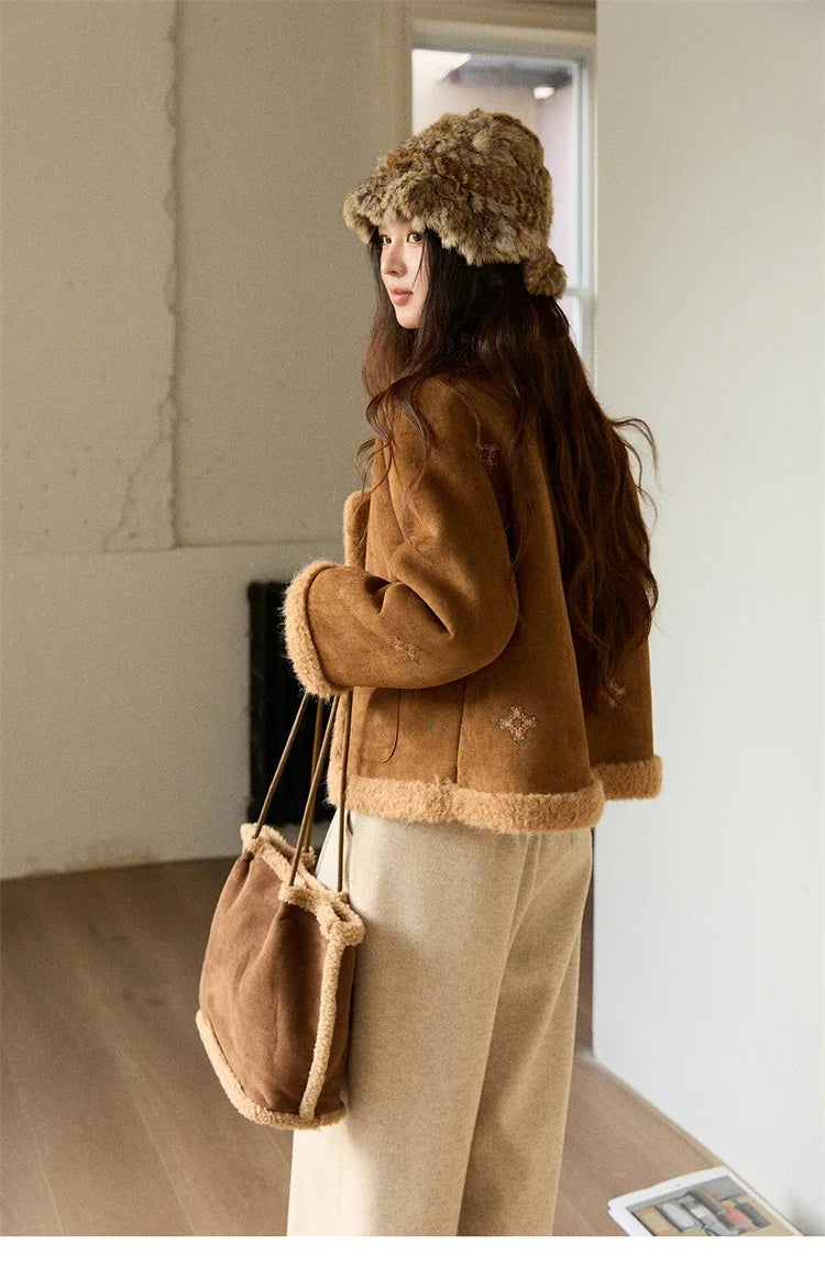 MISHOW Women Brown Jacket 2025 Winter Retro Stand Collar Single-Breasted Windproof Coat Comfortable Long-Sleeve Coat MXE86W0910