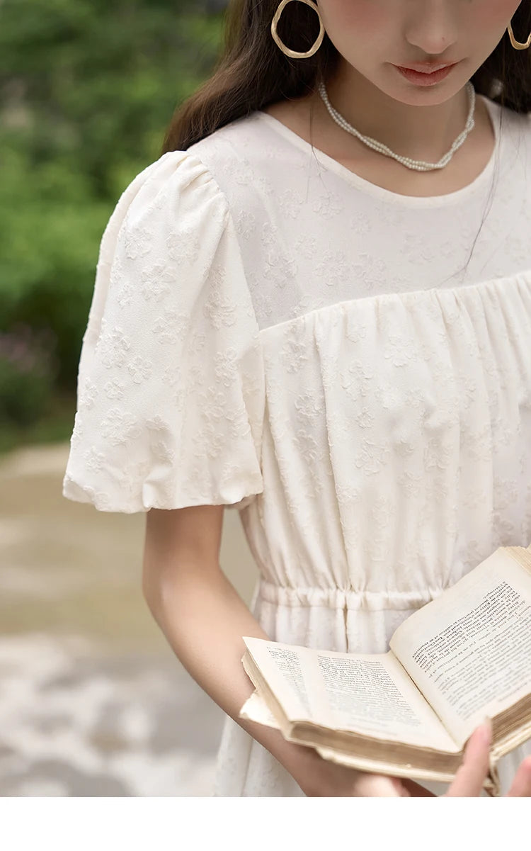 MISHOW French Draw String Waist Dress 2023 Summer Short Sleeve A-LINE Puff Sleeve O-Neck Pullover Elegant Solid Dress MXC38L1415