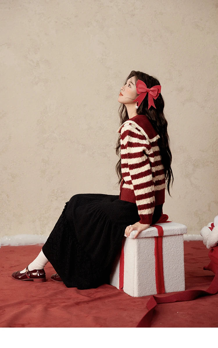 MISHOW Christmas Red Striped Turn Down Collar Cropped Cardigan Thickened Warm Wool Blend Sweater Soft Knitted Tops MXD58Z1038