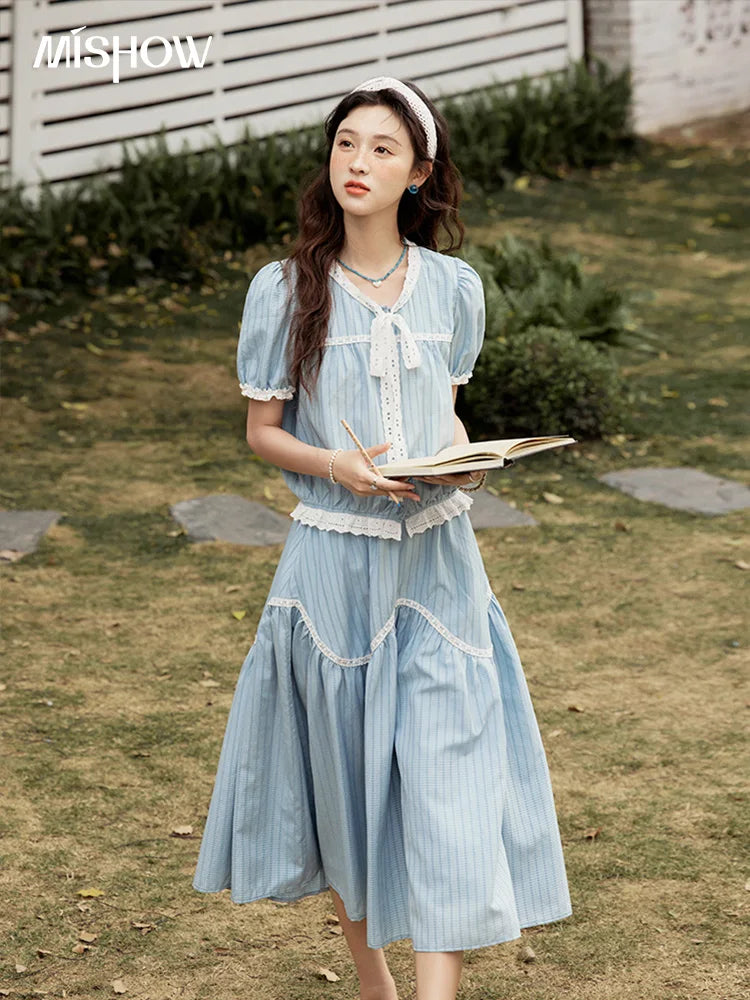 MISHOW Elegant Summer Skirts Sets Women 2025 Short Sleeve V-neck Tops Blue Stripe Lace A-line Skirt Woman Slimming MXE31T0531