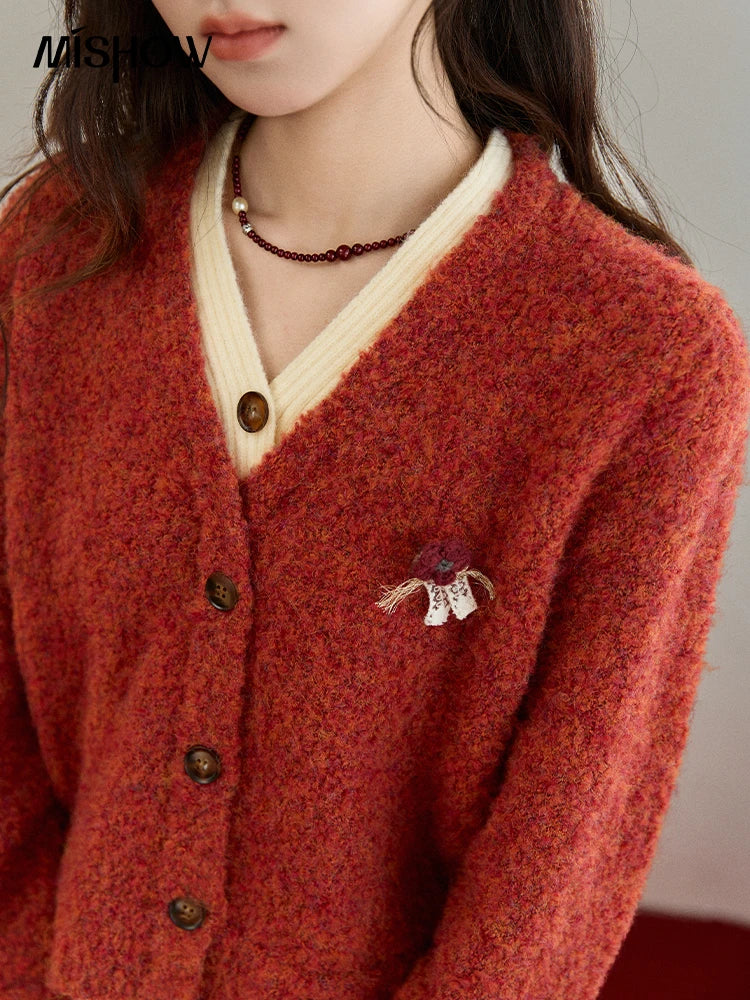 MISHOW Christmas Women’s Knitwear Cardigan Winter 2025 Faux Fur Tops V-neck Warm Sweater Fake Two Contrasting Sweater MXE91Z2777