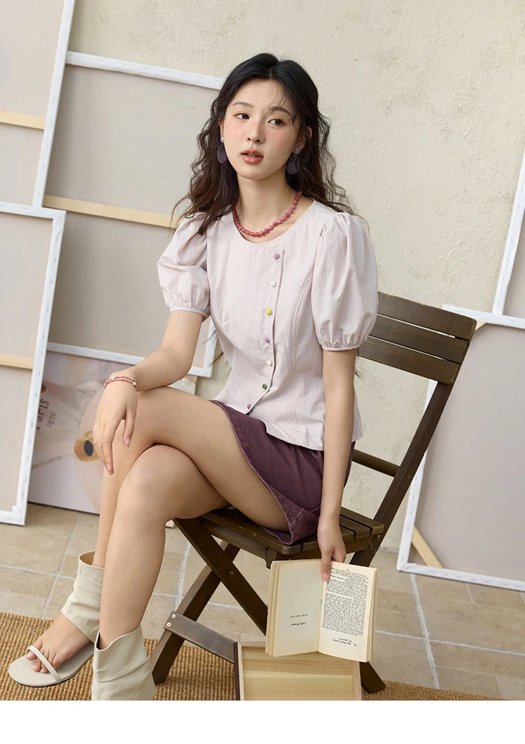 MISHOW Bubble Sleeves Blouses for Women Summer 2025 Irregular Placket Tops Rainbow Button Solid Blouse Office Lady MXE34X1782