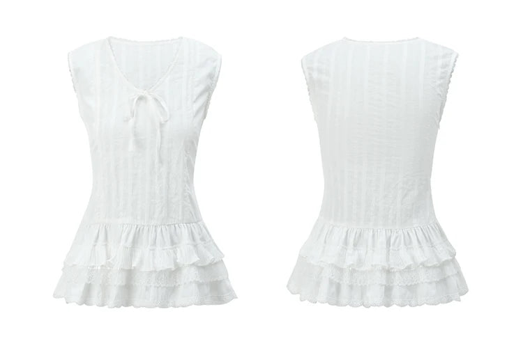 MISHOW Versatile Summer Vest Women 2025 New Solid V-neck Lace Cake Hem Sleeveless Vests Female Fashion Straight Tops MXE31X1779